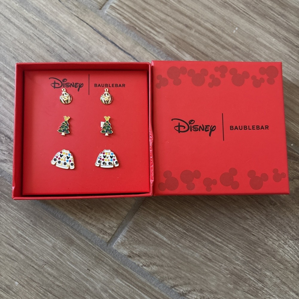 Disney‎ Baublebar Christmas Sweater Trees Ornaments Earrings Set Of 3 Studs